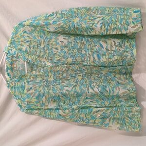 Ruby Rd | Blue Green Explosion Print with Sheer Accents Shirt Roll-up Sleeve | M